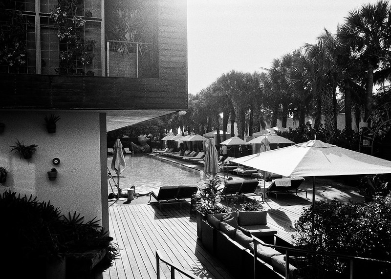 Resort pool with palmetto palms in black and white — 135mm f/4 Macro, HP5 Plus 400